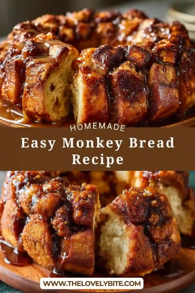 Freshly baked Monkey Bread served on a white plate with golden pull-apart biscuit pieces coated in cinnamon sugar glaze. The buttery caramel topping creates a soft and gooey texture perfect for breakfast or dessert.