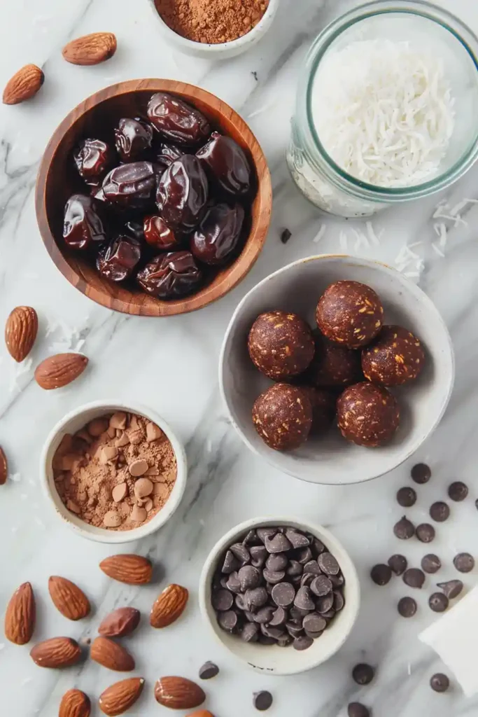 Homemade No Bake Coconut Protein Balls with cacao powder and dark chocolate chips coated in coconut flakes. A delicious high-protein snack recipe for any time of day.