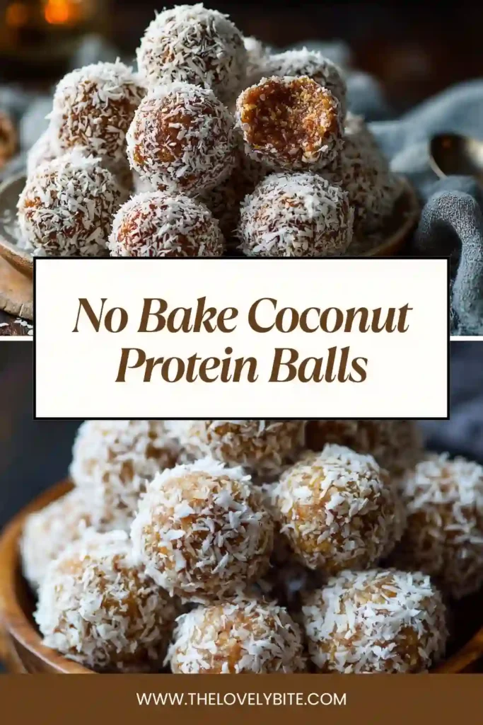 Close-up view of chewy No Bake Coconut Protein Balls rolled in coconut flakes and served on a white plate. A healthy no bake snack packed with protein and natural sweetness.