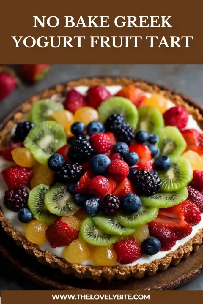 Healthy No Bake Greek Yogurt Fruit Tart sliced and served with a visible date and nut crust and vibrant fruit topping. Perfect light dessert option.