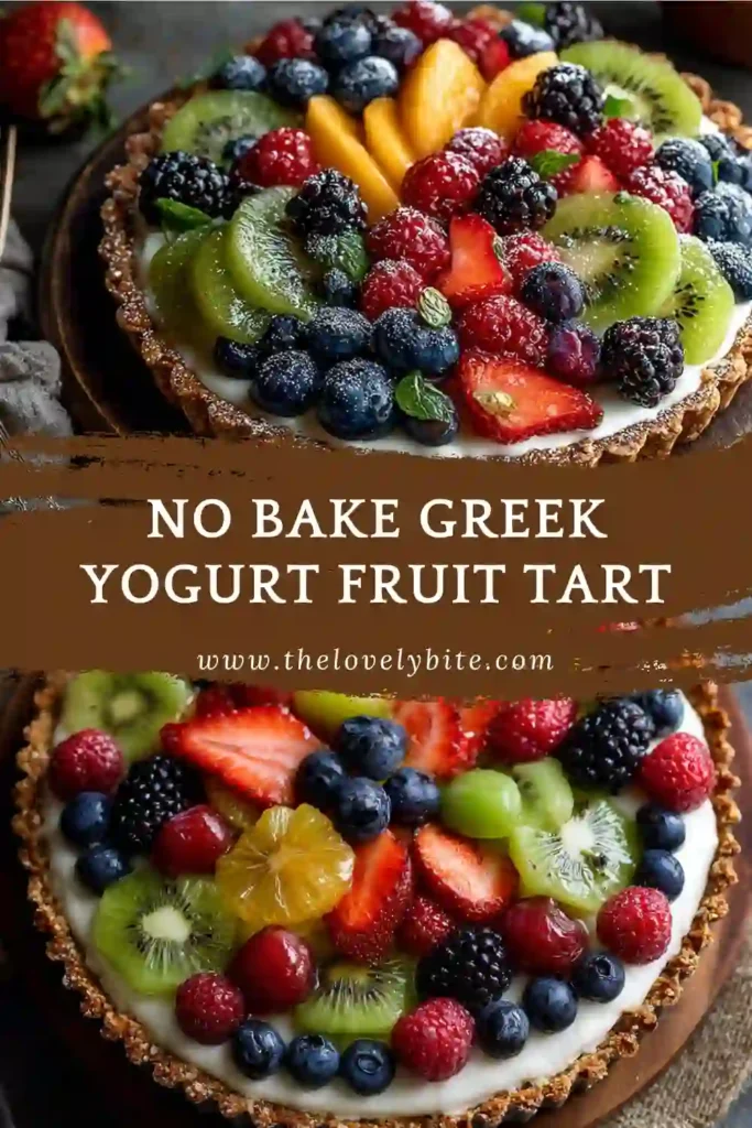 Close-up of a slice of No Bake Greek Yogurt Fruit Tart showing layers of nut crust, creamy yogurt, and fresh fruit topping.