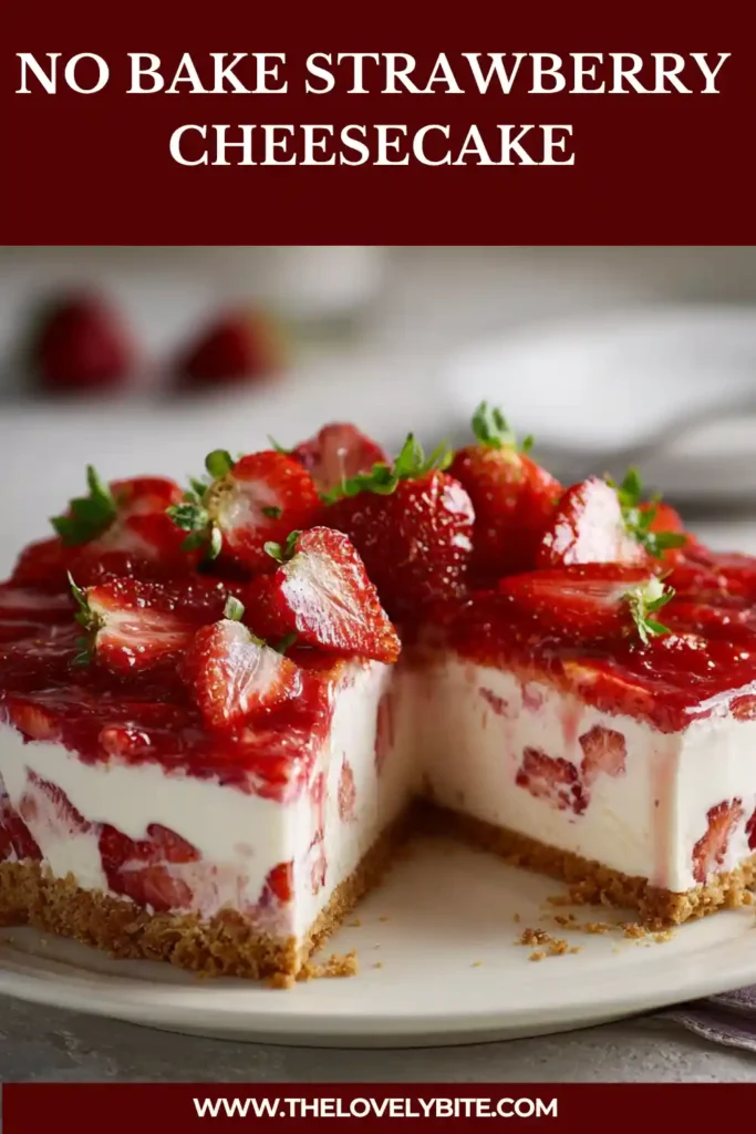 A beautifully styled no bake strawberry cheesecake with fresh strawberries on top and a smooth creamy filling over a biscuit crust. The dessert looks rich, fresh, and perfect for summer.