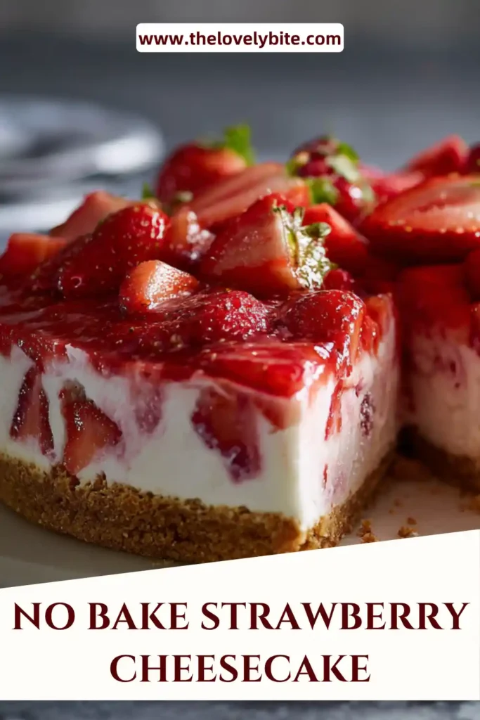 Close-up of a slice of no bake strawberry cheesecake showing creamy texture, crunchy base, and juicy strawberry topping. Bright and appetizing presentation.
