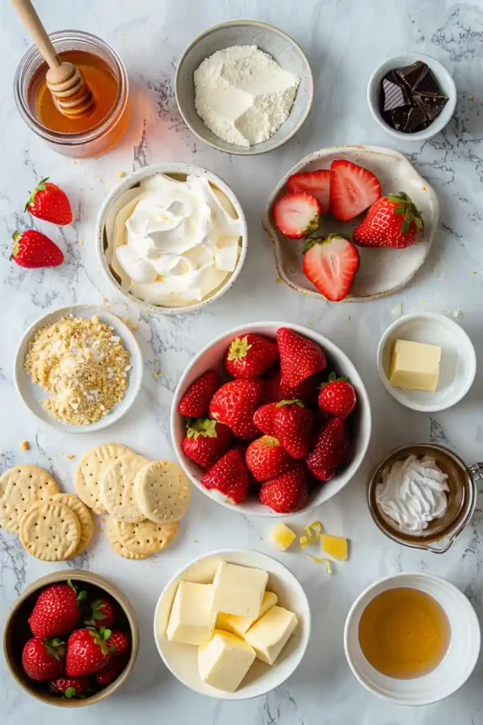 Homemade no bake strawberry cheesecake with fresh strawberries, white chocolate, and a smooth creamy filling on a crumbly crust.