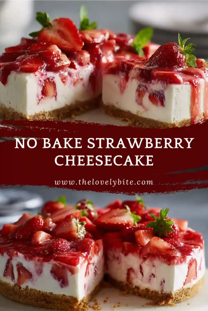 No bake strawberry cheesecake decorated with halved strawberries around the edges and a silky cream cheese filling on a golden biscuit base.