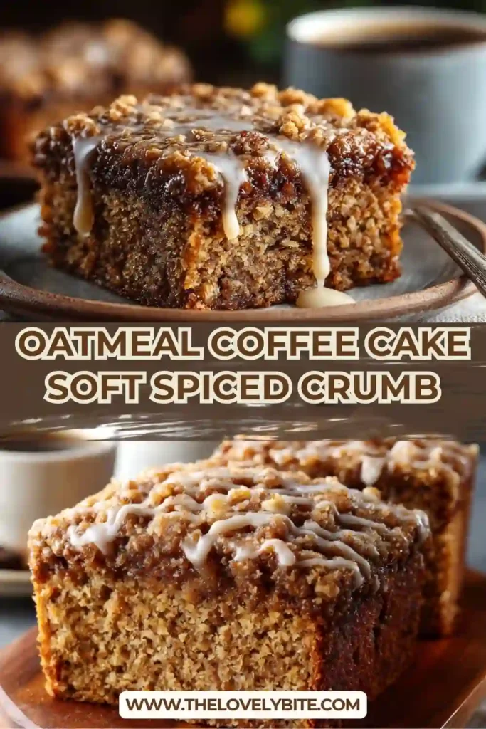 Freshly baked oatmeal coffee cake in a pan with golden brown topping and visible oat texture.