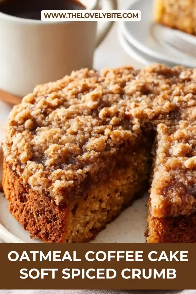 Close-up of oatmeal coffee cake slice with crumb topping and warm spices, perfect breakfast cake.