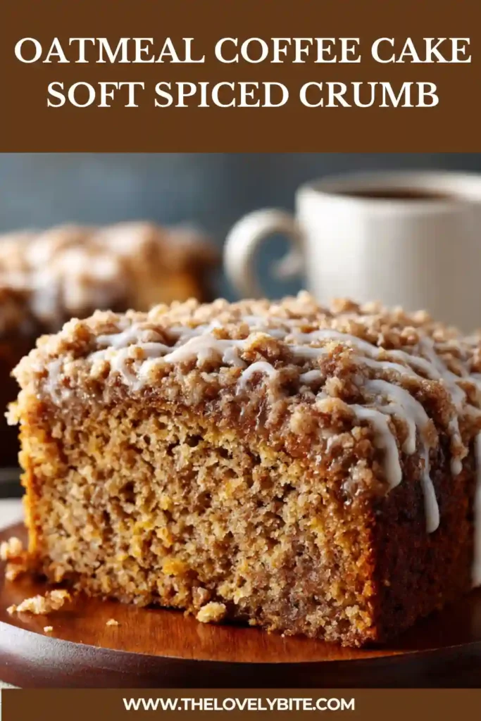 Homemade oatmeal coffee cake with crunchy pecans and soft interior, served on a plate.
