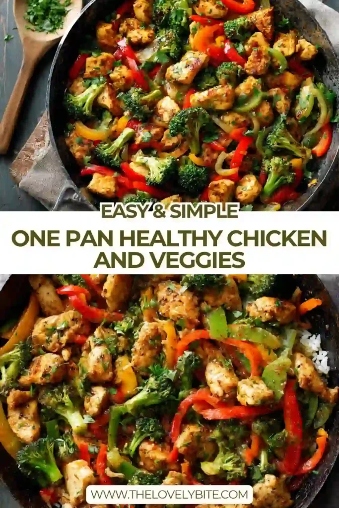 One Pan Healthy Chicken and Veggies served on a sheet pan with roasted broccoli, bell peppers, and sweet potatoes. The chicken is golden and perfectly cooked.