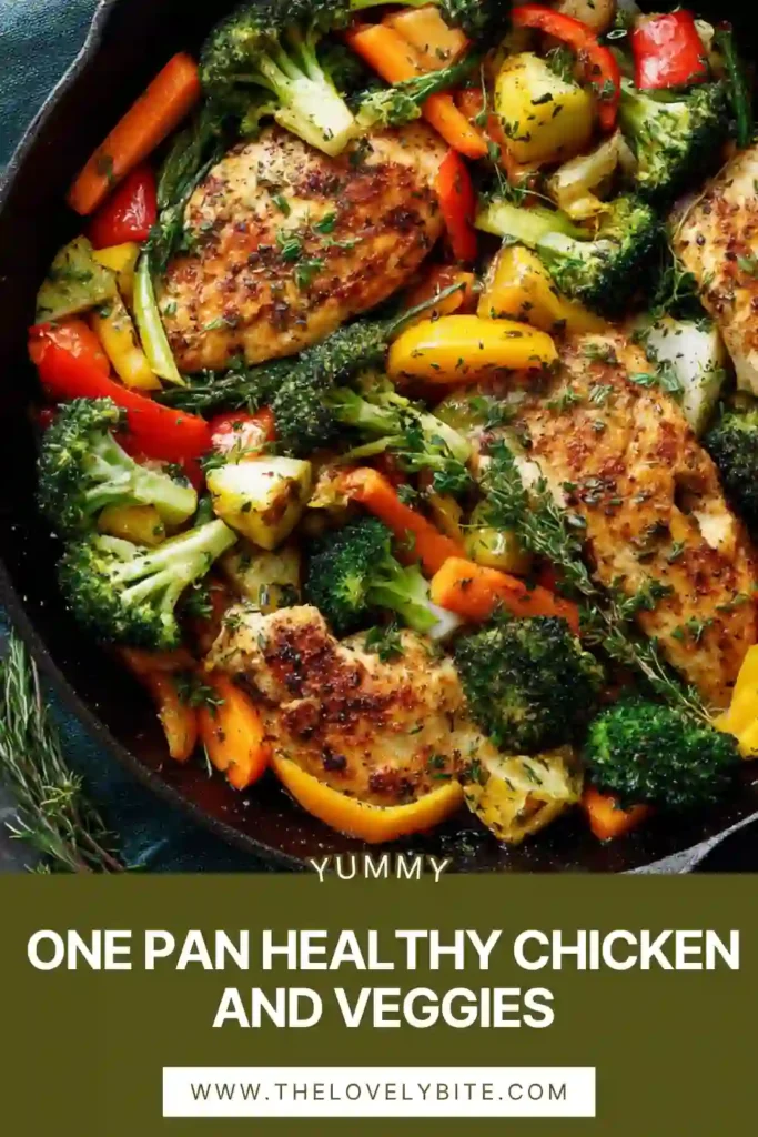 A colorful tray of One Pan Healthy Chicken and Veggies featuring roasted vegetables and seasoned chicken pieces. Balanced and nutritious meal.