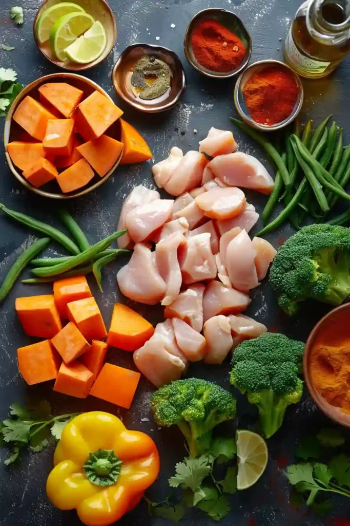 Close-up of One Pan Healthy Chicken and Veggies with melted cheese, herbs, and roasted vegetables on a baking sheet.