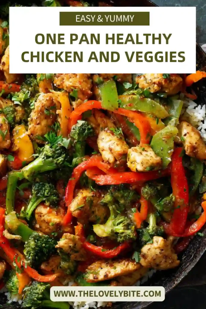 Freshly baked One Pan Healthy Chicken and Veggies with vibrant vegetables and juicy chicken chunks. Ideal for meal prep.