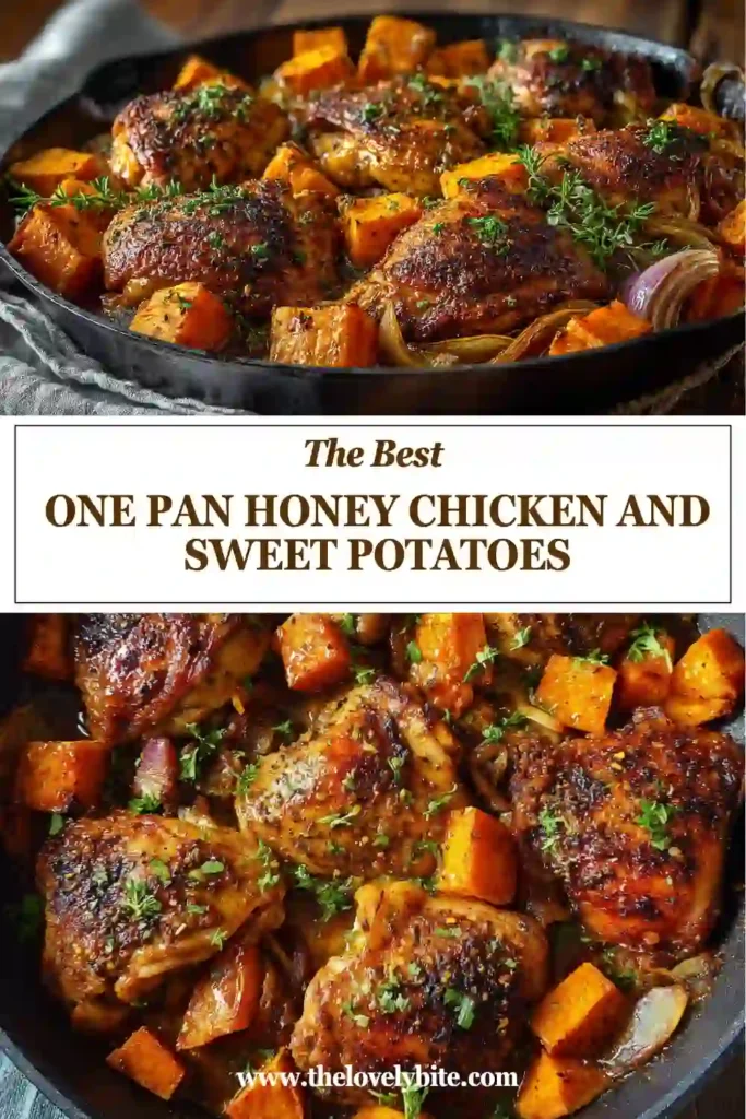 Close-up of roasted honey chicken thighs with sweet potatoes and red onions cooked in a cast iron skillet. This easy one pan dinner looks warm, flavorful, and perfectly caramelized.