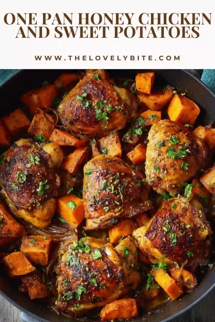 One Pan Honey Chicken and Sweet Potatoes served in a rustic skillet with fresh thyme and honey Dijon glaze. The roasted vegetables and juicy chicken create a comforting family-friendly meal.