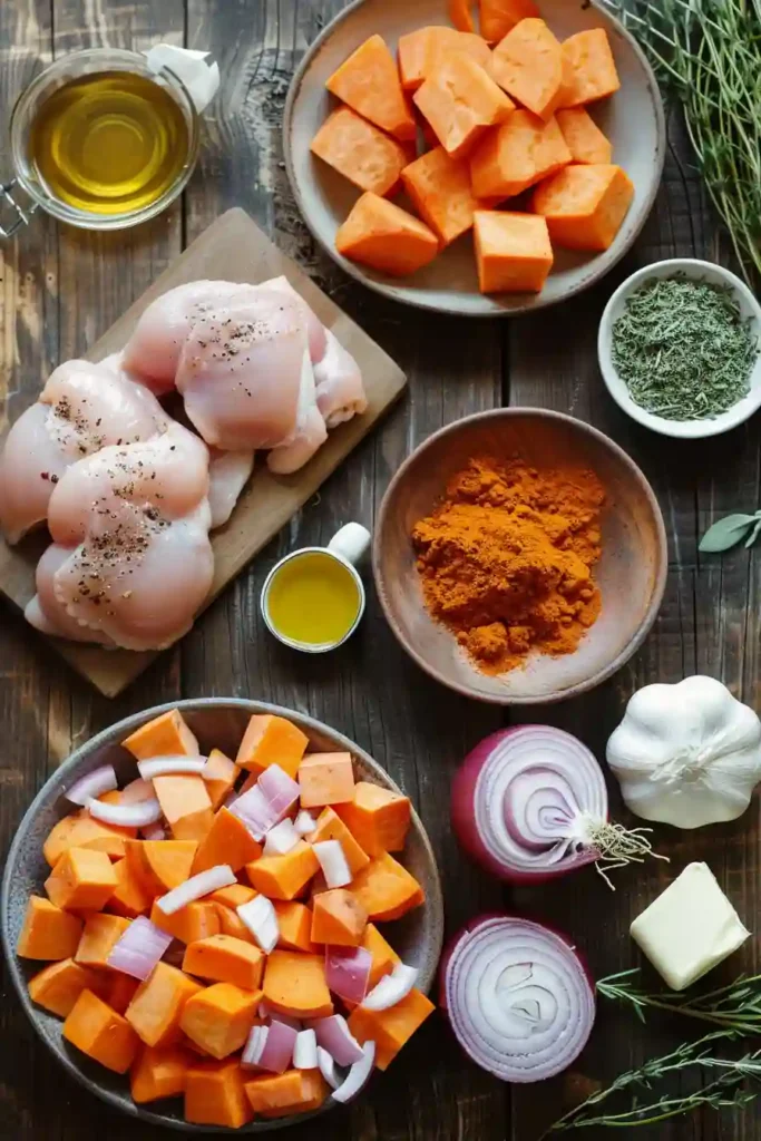 A skillet filled with One Pan Honey Chicken and Sweet Potatoes featuring crispy golden chicken thighs, roasted sweet potatoes, and caramelized red onions. Fresh thyme garnish adds color and flavor to this hearty dinner recipe.