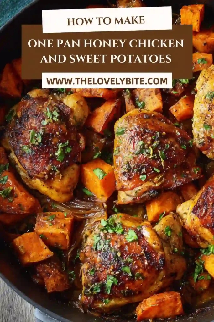 Golden roasted chicken thighs paired with tender sweet potato chunks and red onions in a savory honey sauce. This one pan chicken recipe is simple, hearty, and full of flavor.