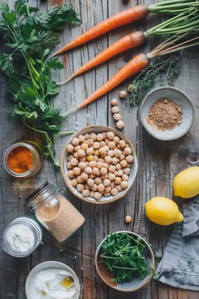Healthy roasted carrot and chickpea grain bowl served with creamy tahini drizzle. This easy vegan recipe features warm spices and crispy roasted chickpeas.