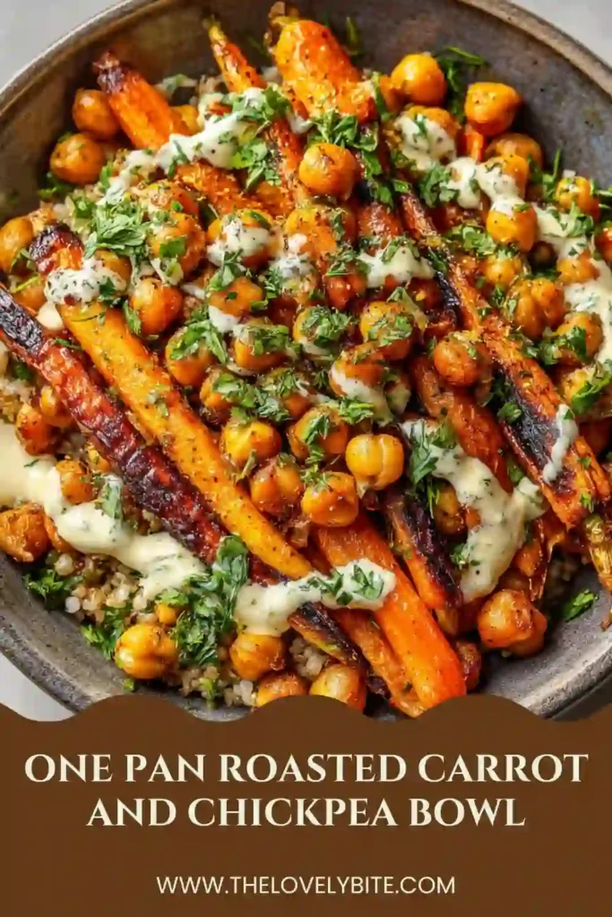 A bowl filled with roasted carrots, crispy chickpeas, quinoa, and creamy tahini dressing. This One Pan Roasted Carrot and Chickpea Bowl looks colorful, healthy, and full of Mediterranean-inspired flavor.