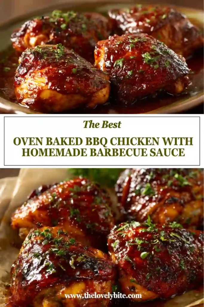 Oven Baked BBQ Chicken served with thick homemade barbecue sauce and fresh parsley garnish. The chicken is caramelized, juicy, and baked until perfectly golden.