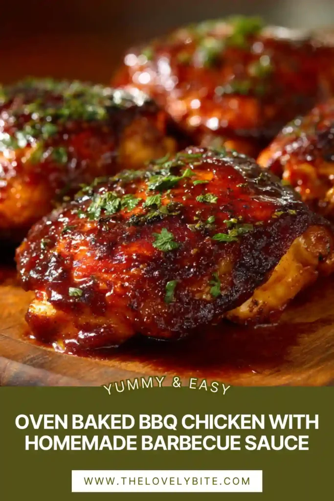 Sticky Oven Baked BBQ Chicken thighs baked in rich homemade barbecue sauce. This easy baked chicken dinner looks glossy, tender, and flavorful.