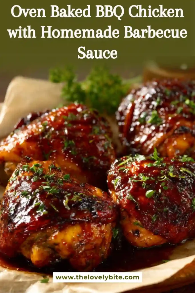 Close-up of juicy Oven Baked BBQ Chicken with caramelized barbecue glaze and chopped green onions. The sauce is thick, smoky, and perfectly baked.
