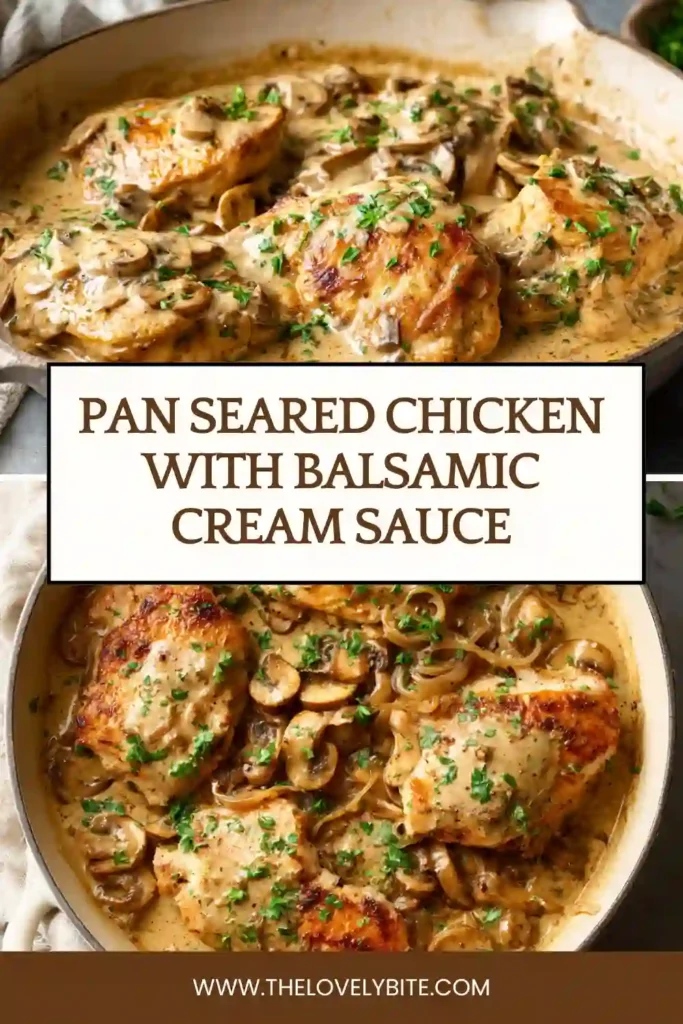 Juicy pan-seared chicken breasts simmered in a creamy balsamic parmesan sauce with cremini mushrooms and sweet onions. This comforting skillet chicken recipe is rich and flavorful.