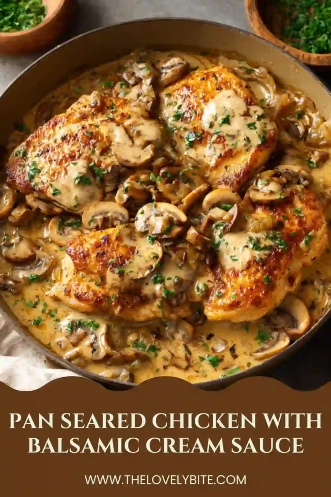 Creamy balsamic chicken with mushrooms and onions garnished with fresh parsley in a rustic skillet. The chicken is tender and covered in a silky parmesan cream sauce.