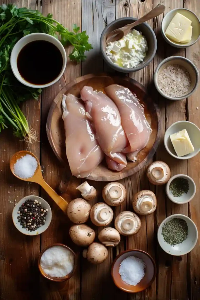 Pan Seared Chicken with Balsamic Cream Sauce served in a skillet with mushrooms and caramelized onions. The creamy parmesan balsamic sauce coats the golden brown chicken beautifully.