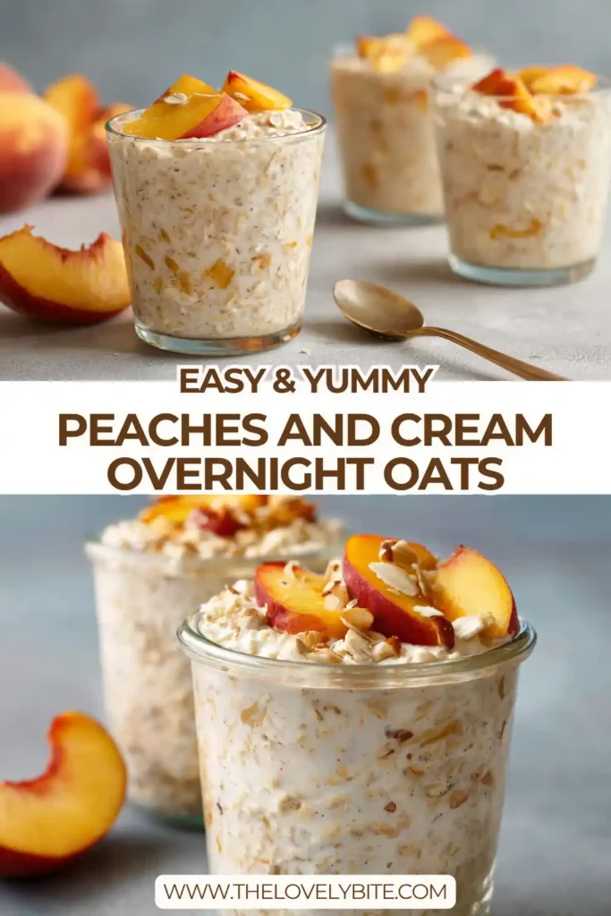 A jar of Peaches and Cream Overnight Oats topped with fresh diced peaches and creamy yogurt. This healthy overnight oats recipe looks rich, creamy, and perfect for breakfast meal prep.