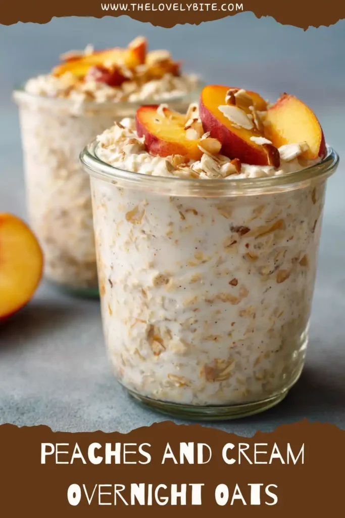 Creamy peach overnight oats served in a glass jar with fresh peach slices on top. This dairy-free breakfast is easy to prepare and packed with wholesome ingredients.
