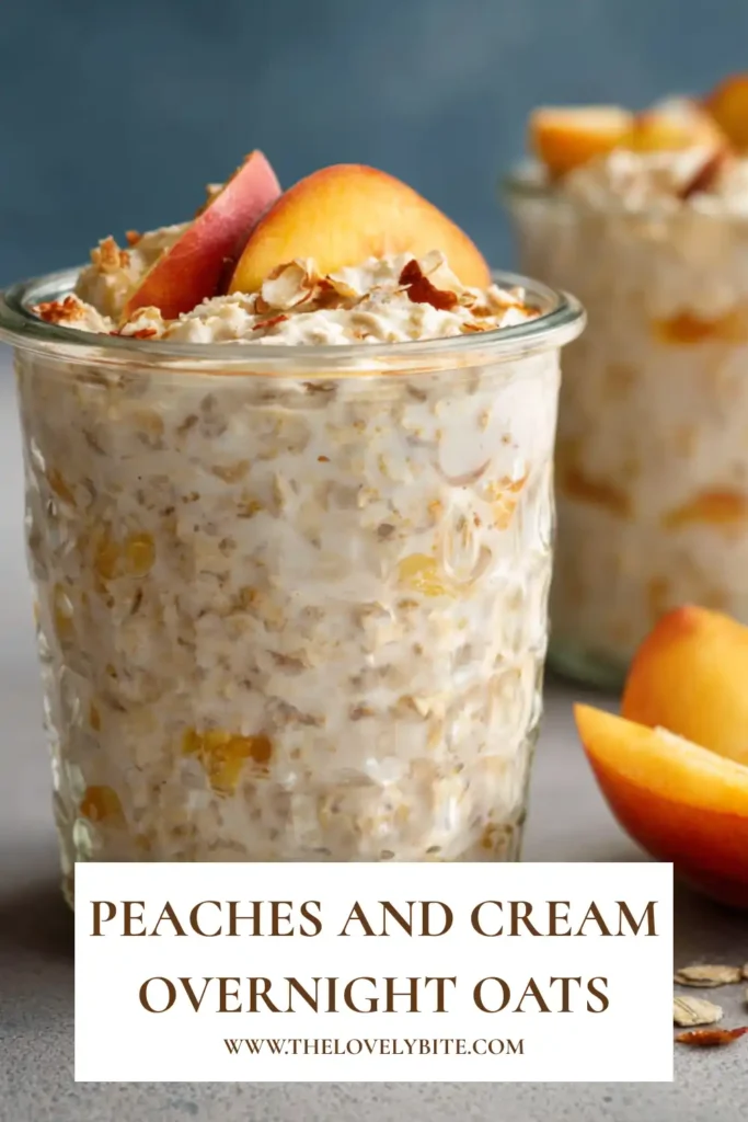 Close-up of vegan Peaches and Cream Overnight Oats made with rolled oats, chia seeds, and ripe peaches. The texture looks thick, creamy, and naturally sweet.