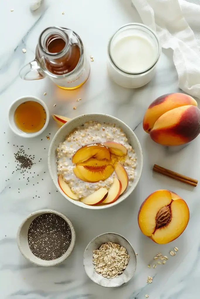 Fresh peach overnight oats in meal prep jars ready for breakfast. These creamy overnight oats are healthy, filling, and ideal for busy mornings.