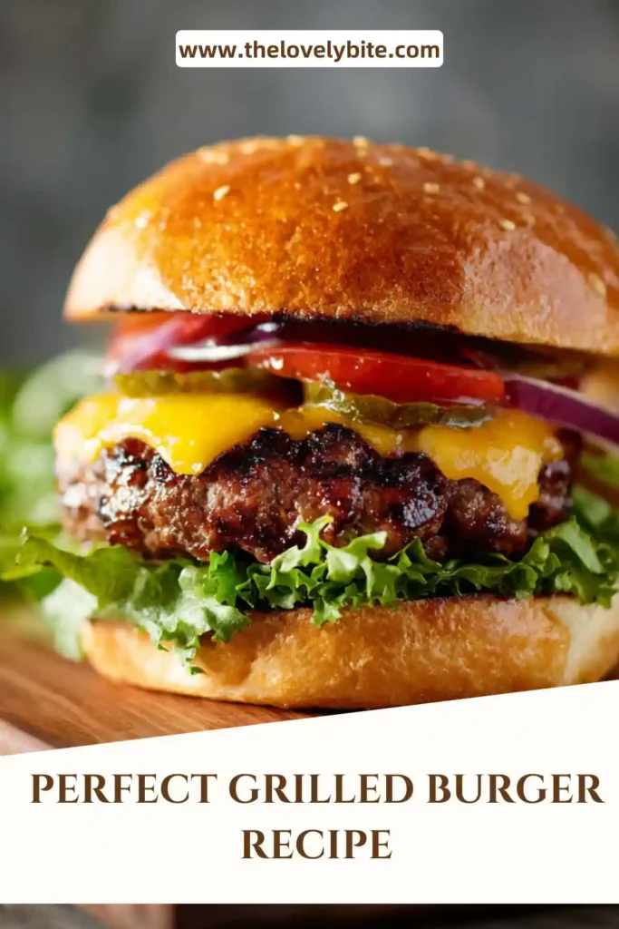 A juicy grilled burger served on a toasted brioche bun with lettuce, tomato, onions, and melted cheese. This perfect grilled burger recipe creates tender homemade burgers with smoky flavor.