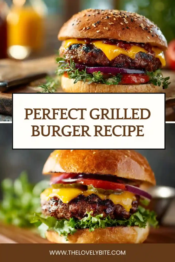 Freshly grilled homemade burger stacked with lettuce, pickles, onions, and tomato on a soft bun. This easy grilled burger recipe is ideal for backyard BBQ meals.