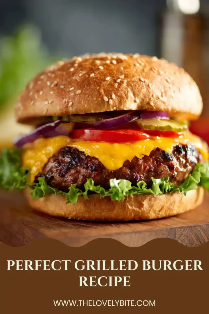 Close-up of a homemade grilled burger with melted cheddar cheese and fresh toppings on a golden toasted bun. These juicy grilled burgers are perfect for summer cookouts.