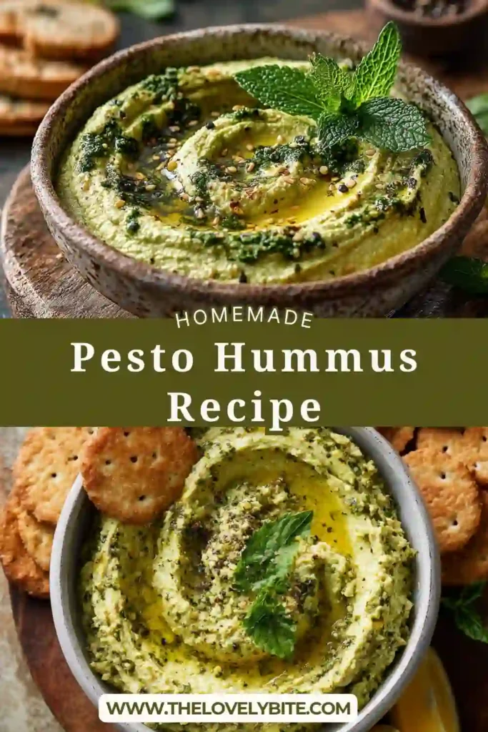 A bowl of creamy Pesto Hummus topped with olive oil and fresh basil leaves. This Mediterranean dip features chickpeas, basil pesto, and tahini blended into a smooth and flavorful appetizer.
