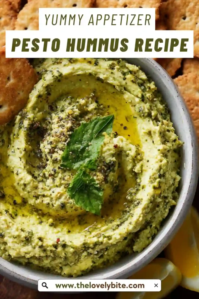 Fresh homemade Pesto Hummus served with pita bread and sliced vegetables on a wooden table. The creamy hummus has a vibrant green color from basil pesto and olive oil.