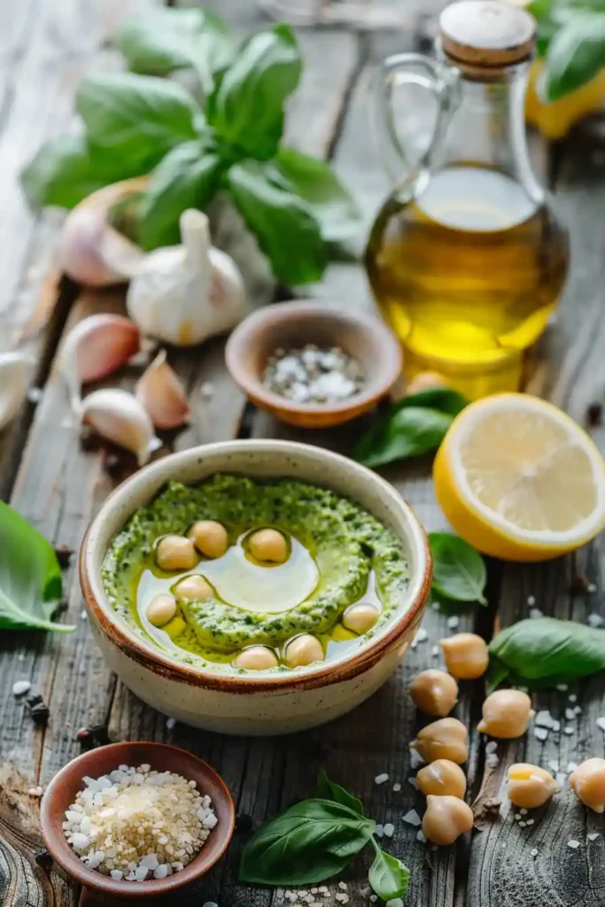 Mediterranean-style Pesto Hummus in a serving bowl surrounded by crackers and cucumber slices. The dip is creamy, fresh, and packed with basil pesto flavor.