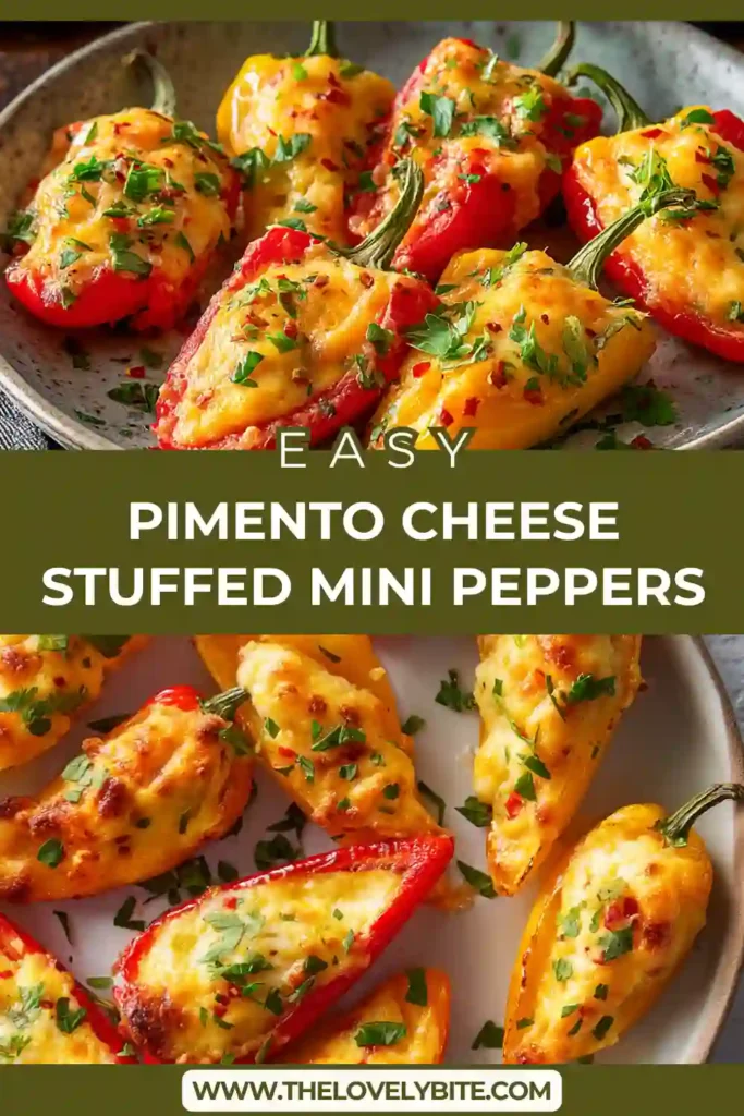 Pimento Cheese Stuffed Mini Peppers baked with melted cheddar and topped with fresh chives. A colorful and creamy appetizer perfect for gatherings.