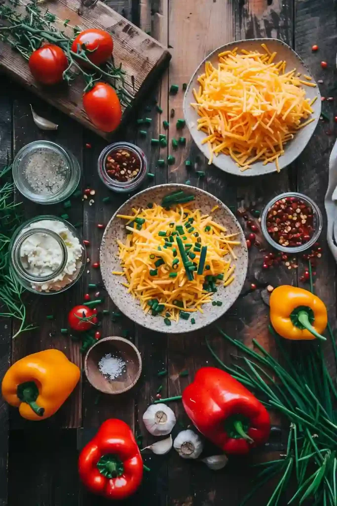 Sweet mini peppers stuffed with creamy cheddar pimento filling, baked until soft and slightly golden.