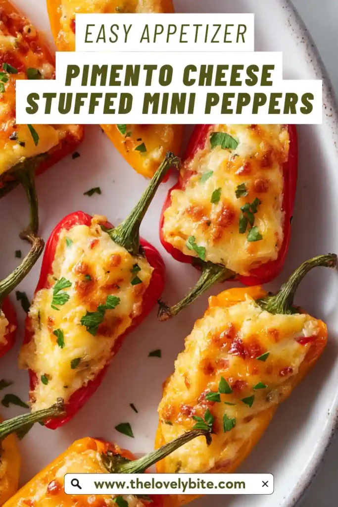 Close-up of mini peppers filled with pimento cheese mixture and melted cheese topping. A delicious and easy party appetizer.