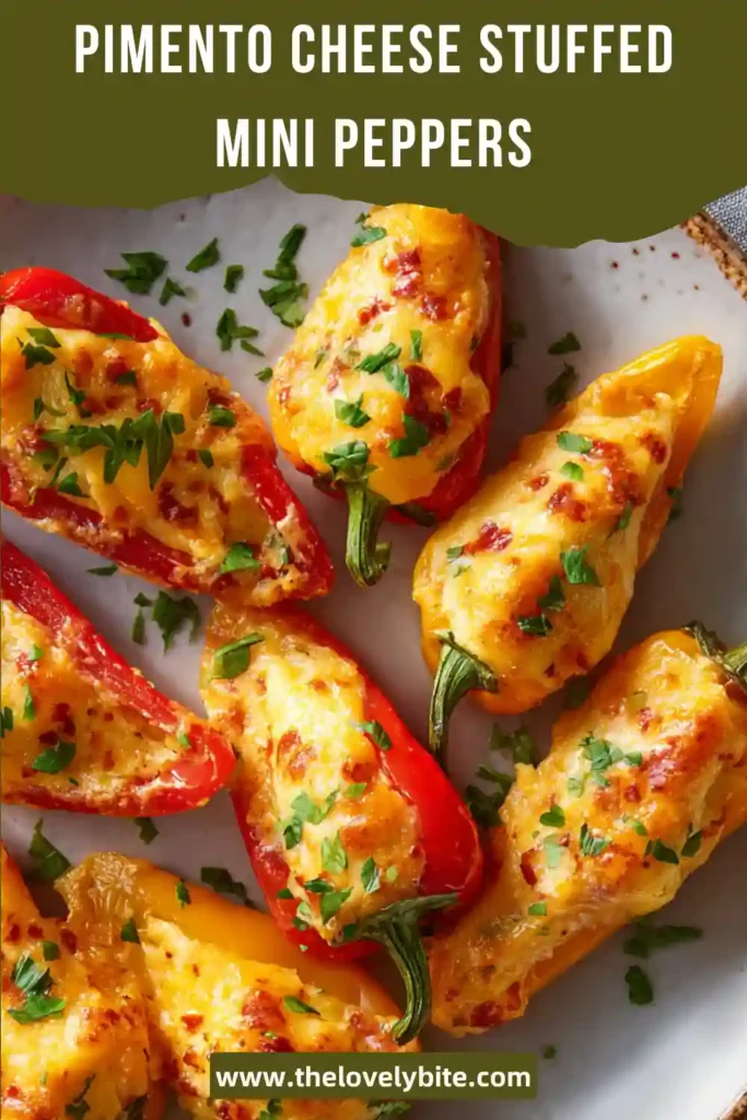 Oven-baked Pimento Cheese Stuffed Mini Peppers arranged on a tray with golden melted cheese and herbs.