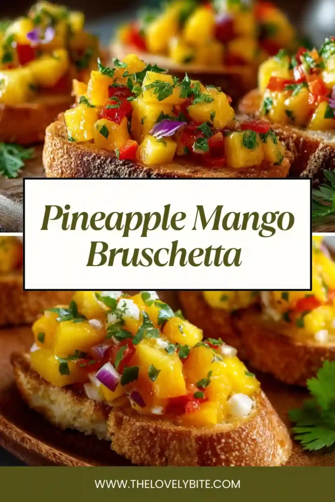 Pineapple Mango Bruschetta served on toasted baguette slices topped with fresh mango, grilled pineapple, cilantro, and red onion. This tropical appetizer looks colorful, fresh, and vibrant.