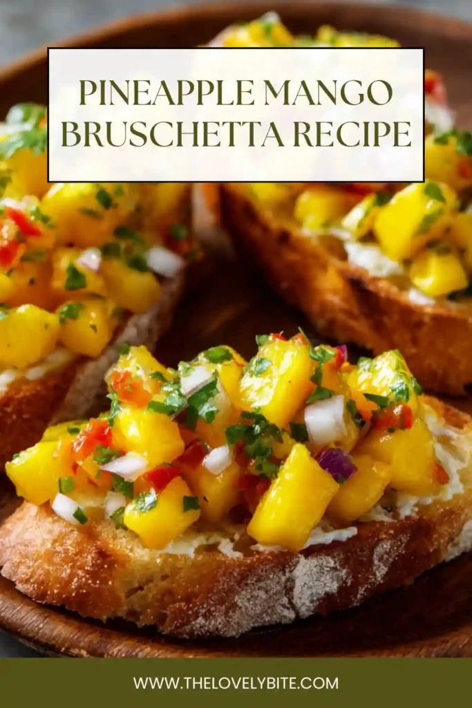 Close-up of Pineapple Mango Bruschetta with juicy fruit topping over crispy golden bread slices. The tropical flavors and bright ingredients create a refreshing summer appetizer.