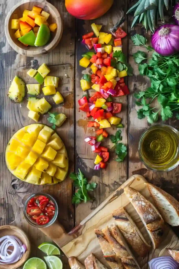 Tropical bruschetta topped with pineapple, mango, bell pepper, and herbs on crunchy toasted bread. This easy fruit bruschetta appetizer is colorful and full of fresh flavor.