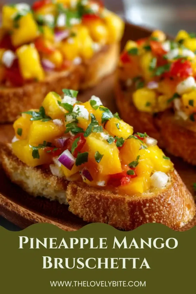 Fresh Pineapple Mango Bruschetta arranged on a serving platter with toasted baguette, diced mango, grilled pineapple, cilantro, and lime. A bright and easy party appetizer recipe.