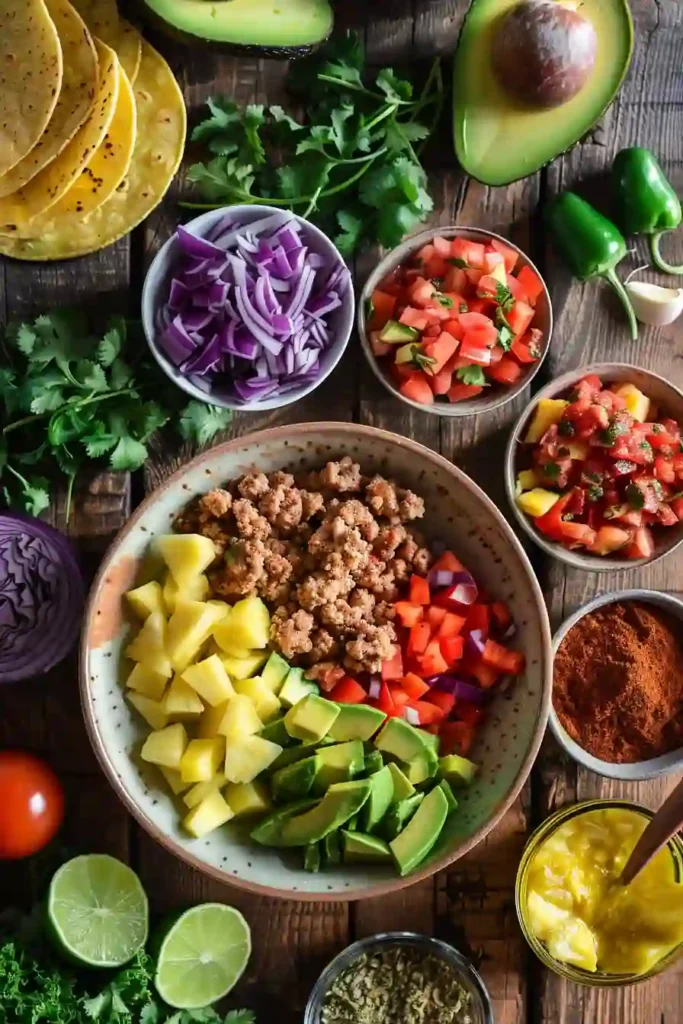 Fresh Pineapple Turkey Tacos arranged on a serving platter with lime wedges and colorful toppings. This easy turkey taco recipe is perfect for weeknight dinners and taco parties.
