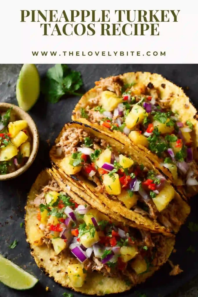 Healthy Pineapple Turkey Tacos served in crunchy taco shells with fresh pineapple, red cabbage, avocado, and cilantro. The tacos look fresh, bright, and packed with tropical flavor.