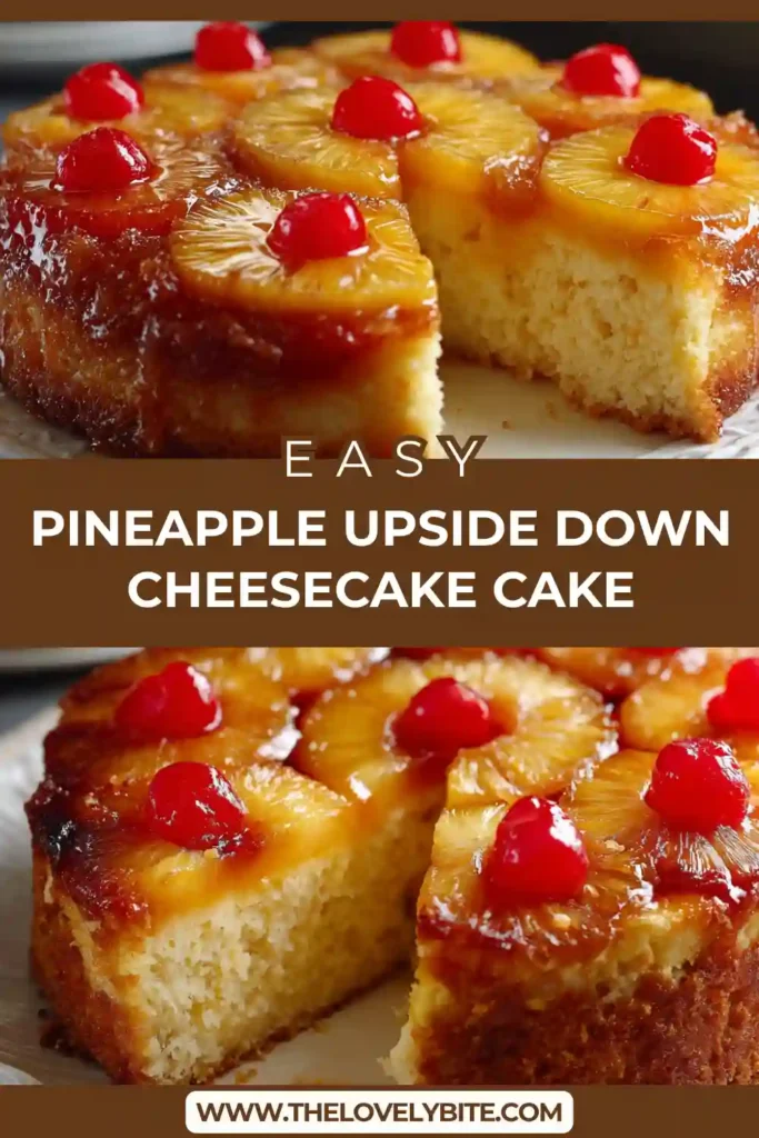 A rich Pineapple Upside Down Cheesecake Cake topped with caramelized pineapple rings and bright maraschino cherries on a serving plate. The creamy cheesecake layer sits over a buttery graham cracker crust for a tropical dessert presentation.