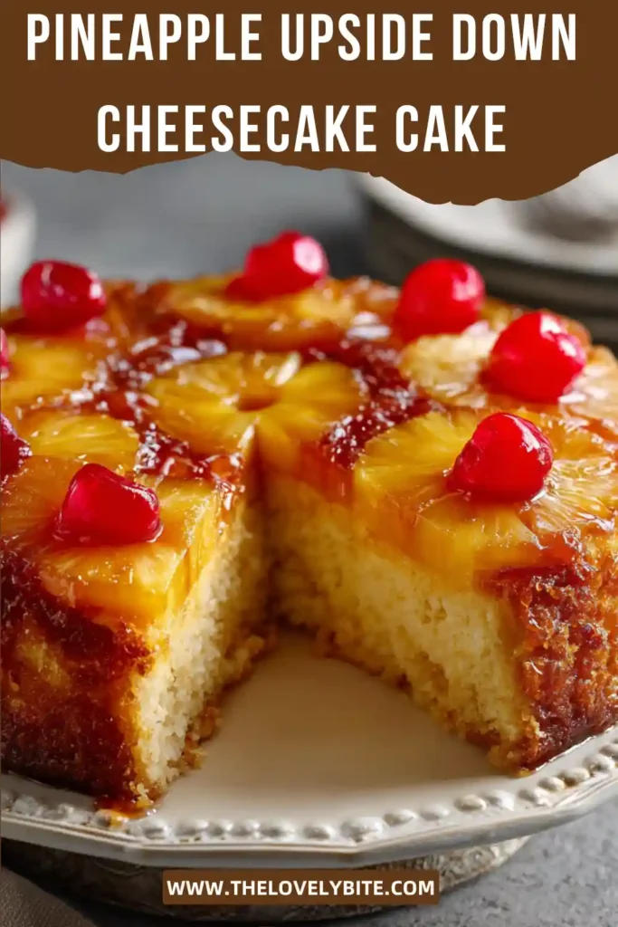 Slice of Pineapple Upside Down Cheesecake Cake showing smooth cream cheese filling, golden pineapple topping, and graham crust. This tropical cheesecake dessert looks creamy, glossy, and indulgent.